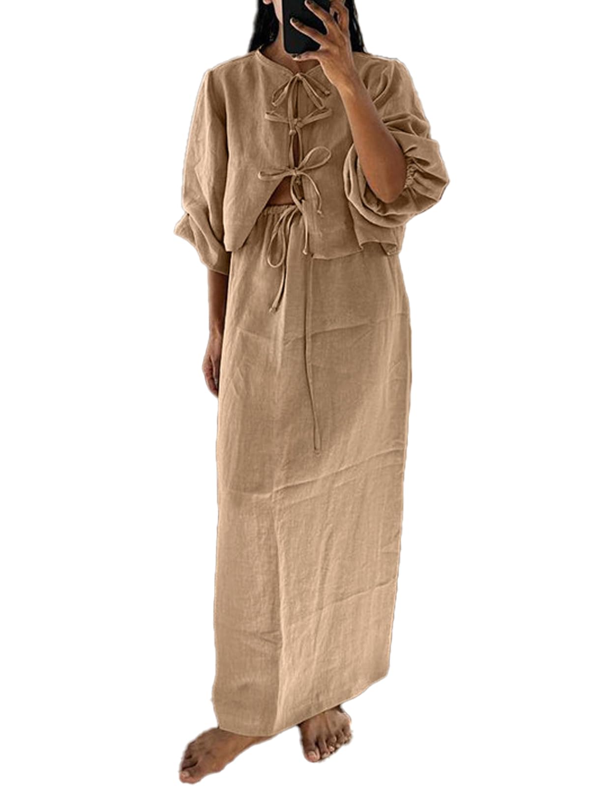 Women's Tie Front Tops & High Waist Maxi Skirt Set - Y2K Cotton Linen Outfit with Puff Sleeve Peplum Blouse | Casual Summer Dresses, Beach Vacations & Date Night Outfits
