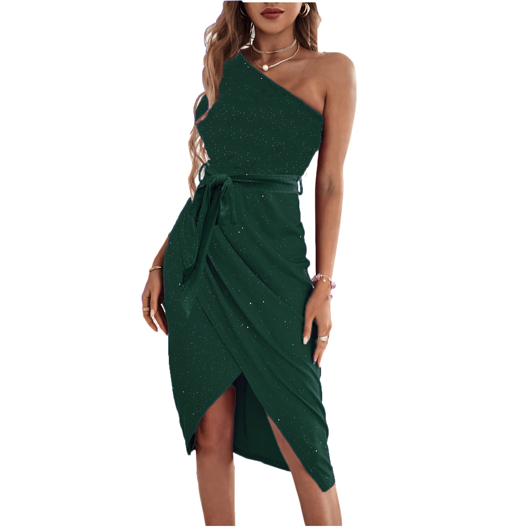 Elegant Glitter One Shoulder Cocktail Dress for Women - Wrap Belted Formal Midi Party Gown | Perfect for Weddings, Evening Events & Special Occasions