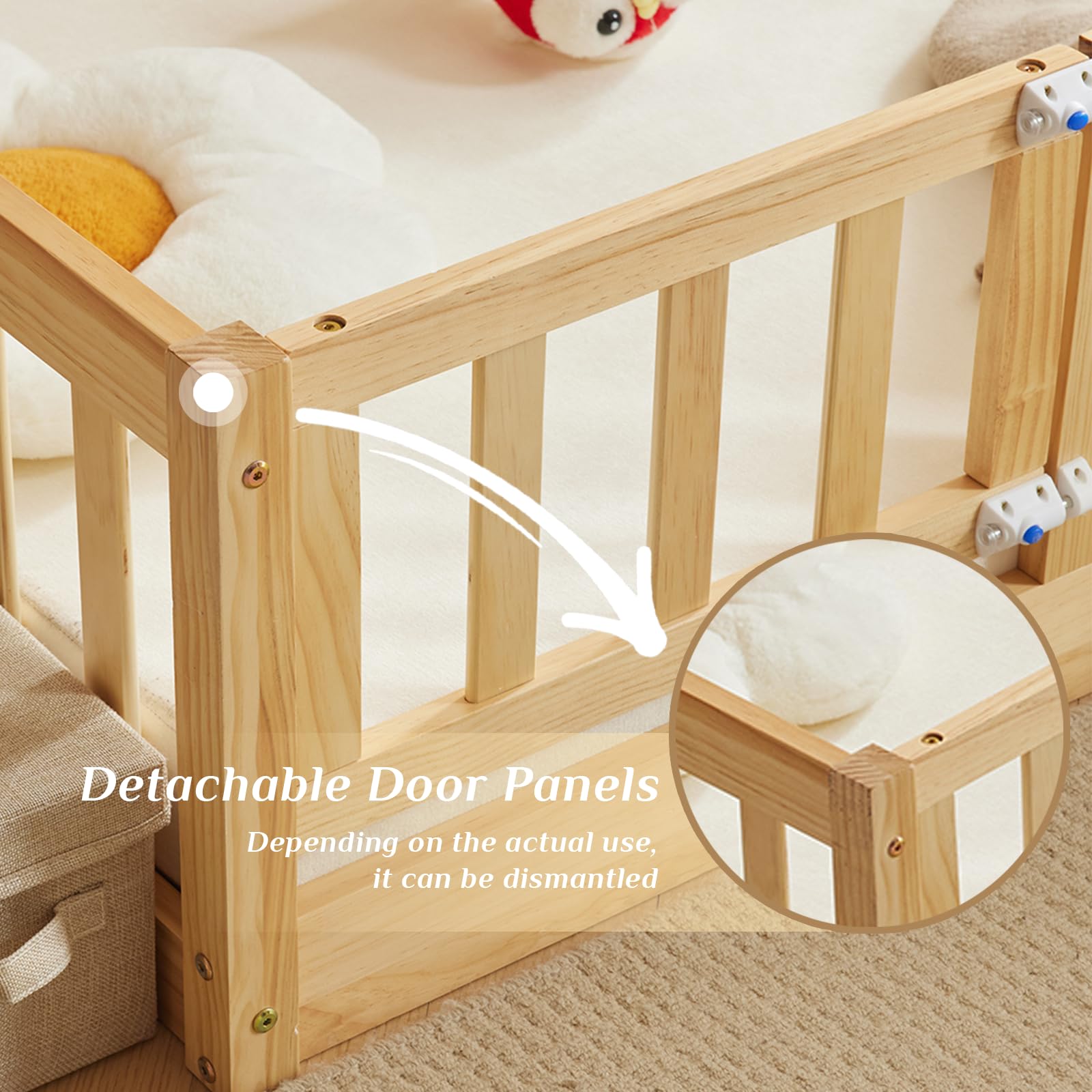 Montessori Toddler Floor Bed with Door & Safety Fence - Solid Wood Queen Size Kids Bed Frame with 12 Slats & Guardrails for Boys & Girls (Natural) - Perfect for Montessori Bedrooms, Safe Sleep Training & Child Independence Development