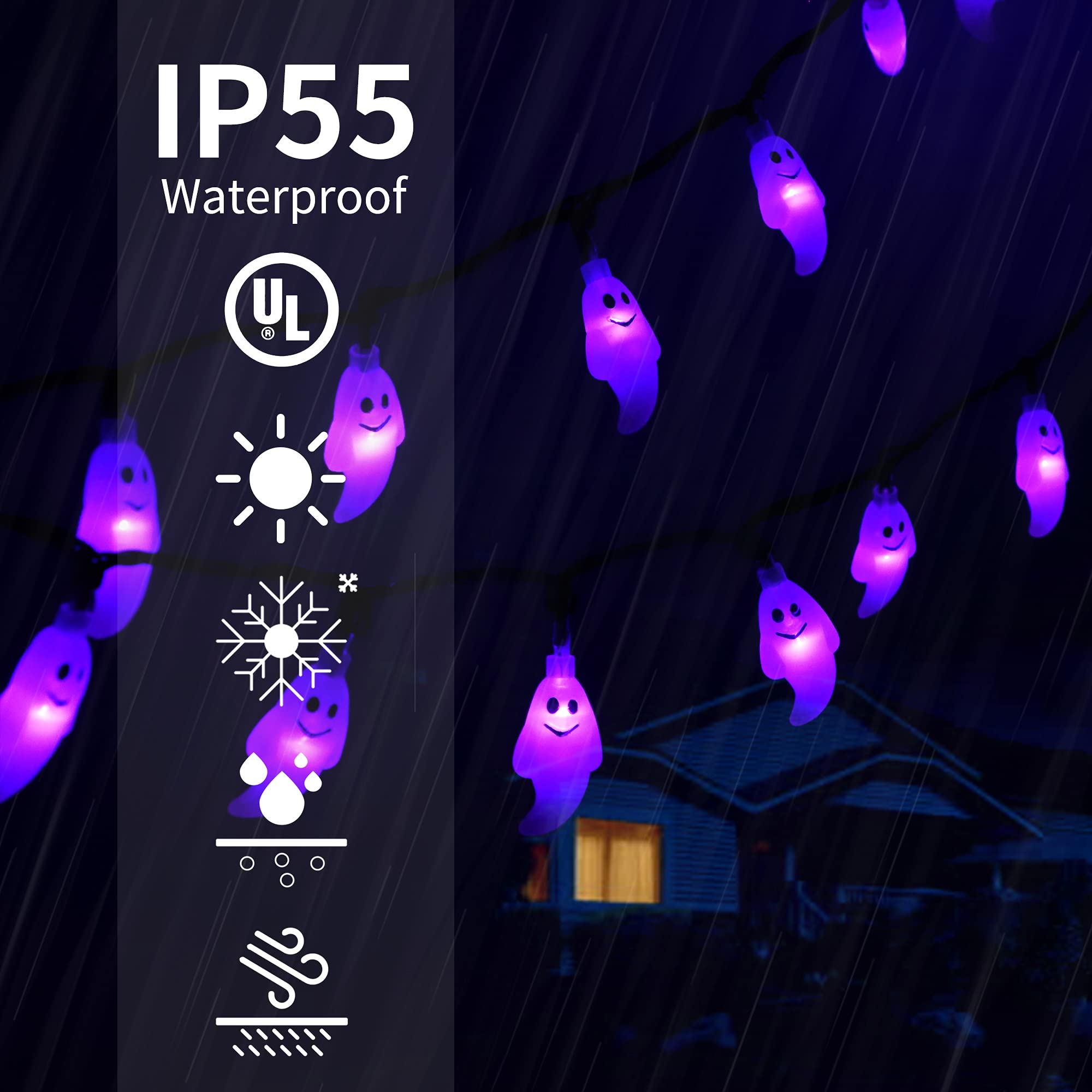 60 LED Halloween String Lights - 19.4ft Purple Ghost Fairy Lights with 30V Plug, 8 Lighting Modes | Outdoor Garden, Yard, Bedroom & Party Decor for Halloween, Christmas, Weddings & Events