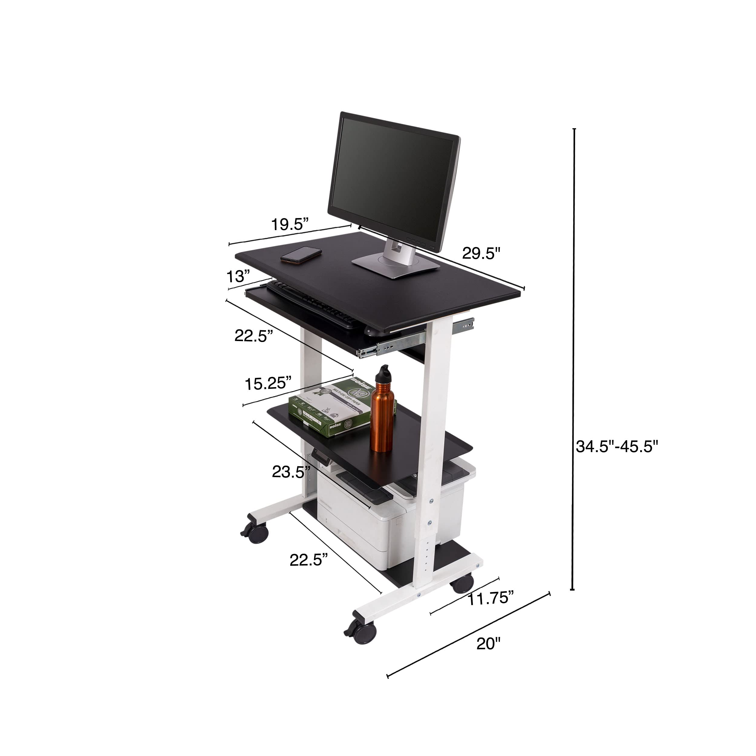Adjustable Height Standing Desk with Wheels - Mobile Rolling Sit Stand Workstation with Printer Shelf & Slideout Keyboard Tray (White Frame/Black Top, 30
