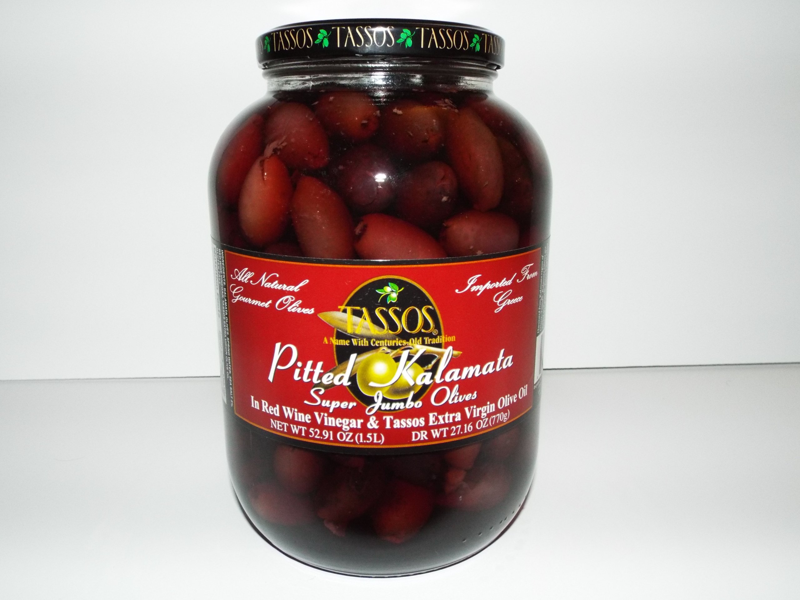 Premium Tassos Pitted Greek Kalamata Olives - 52.9 oz Jar | Authentic Mediterranean Flavor | Perfect for Salads, Charcuterie Boards & Greek Recipes