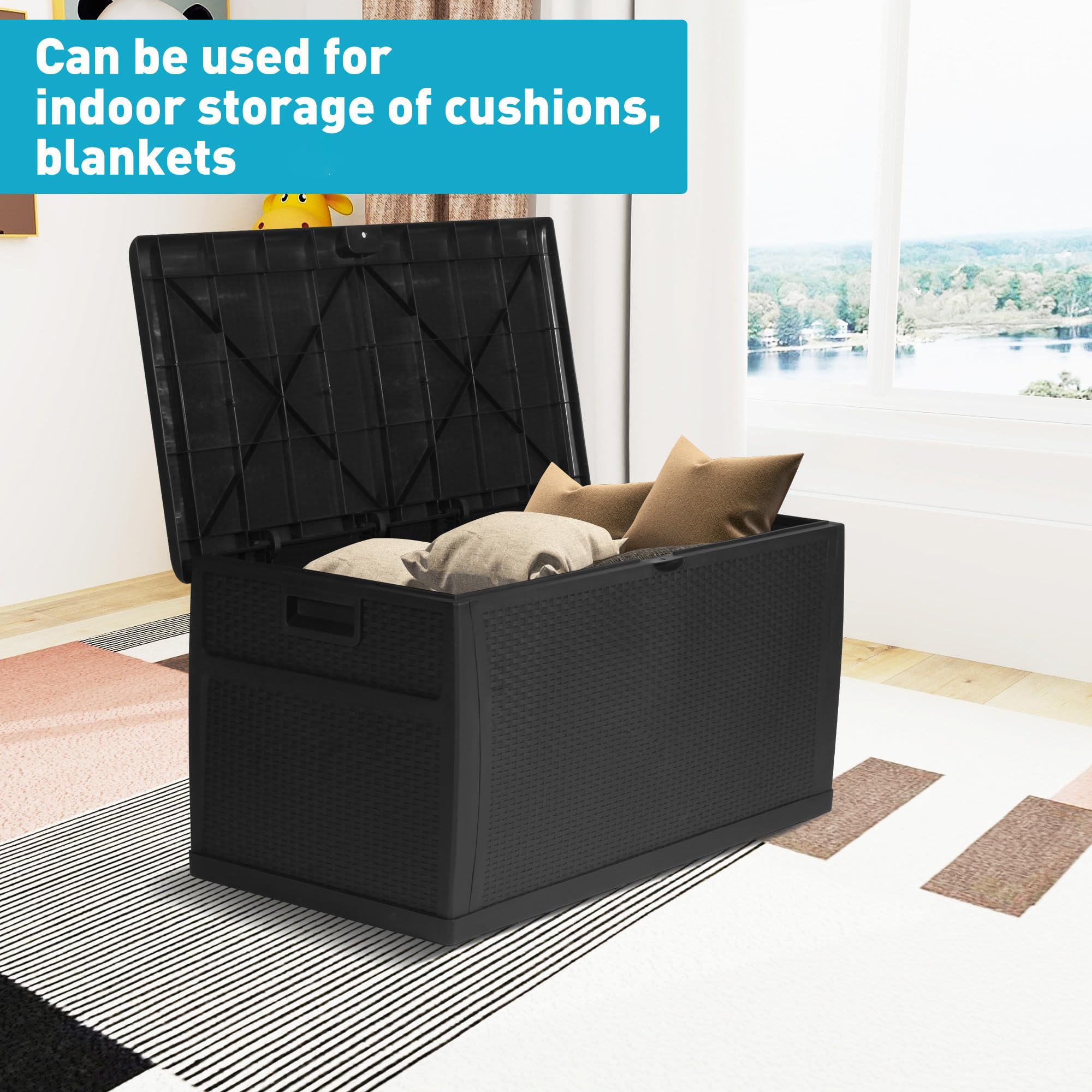 LUCKYERMORE 120 Gallon Large Outdoor Deck Box - Waterproof, Lockable Storage Container for Patio, Garden & Backyard - Heavy-Duty Resin Rattan Design - Perfect for Cushions, Toys & Pool Accessories