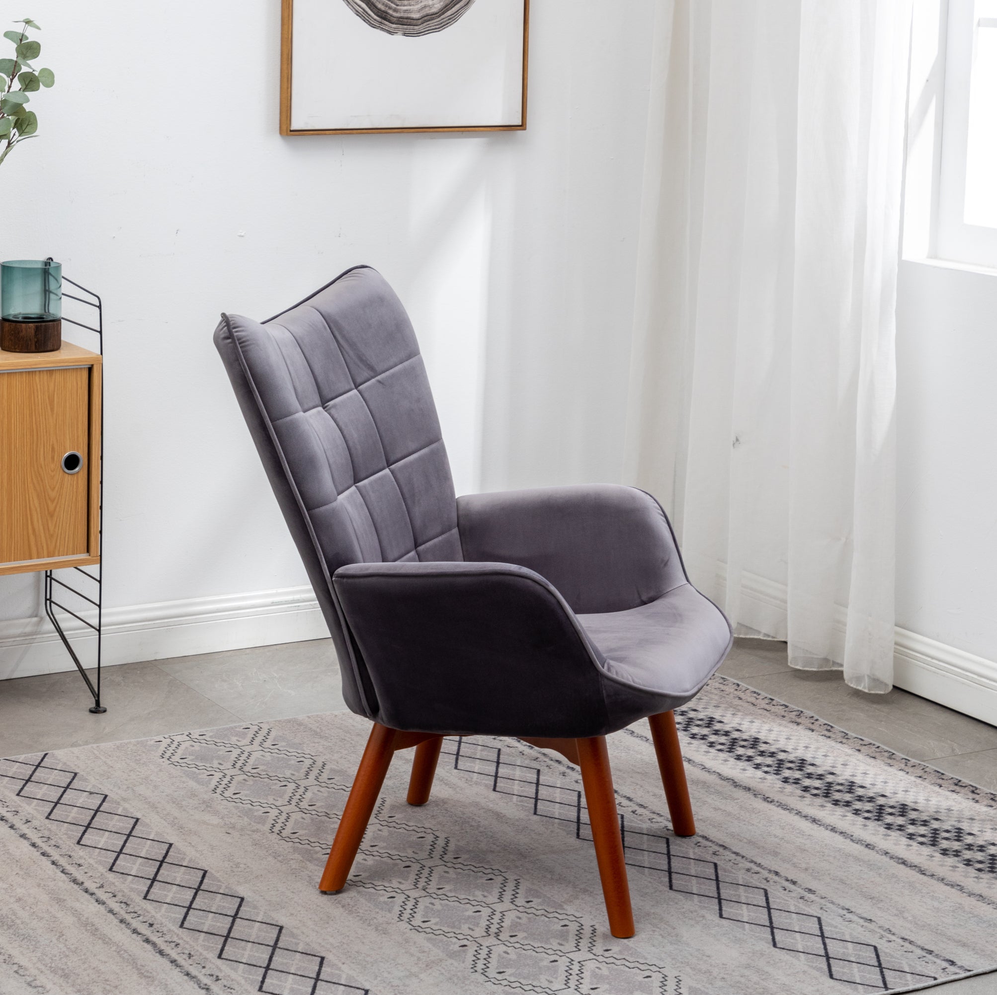 Roundhill Furniture Leiria Contemporary Silky Velvet Tufted Accent Chair with Ottoman in Gray - Modern Living Room Seating for Home Office & Lounge Decor