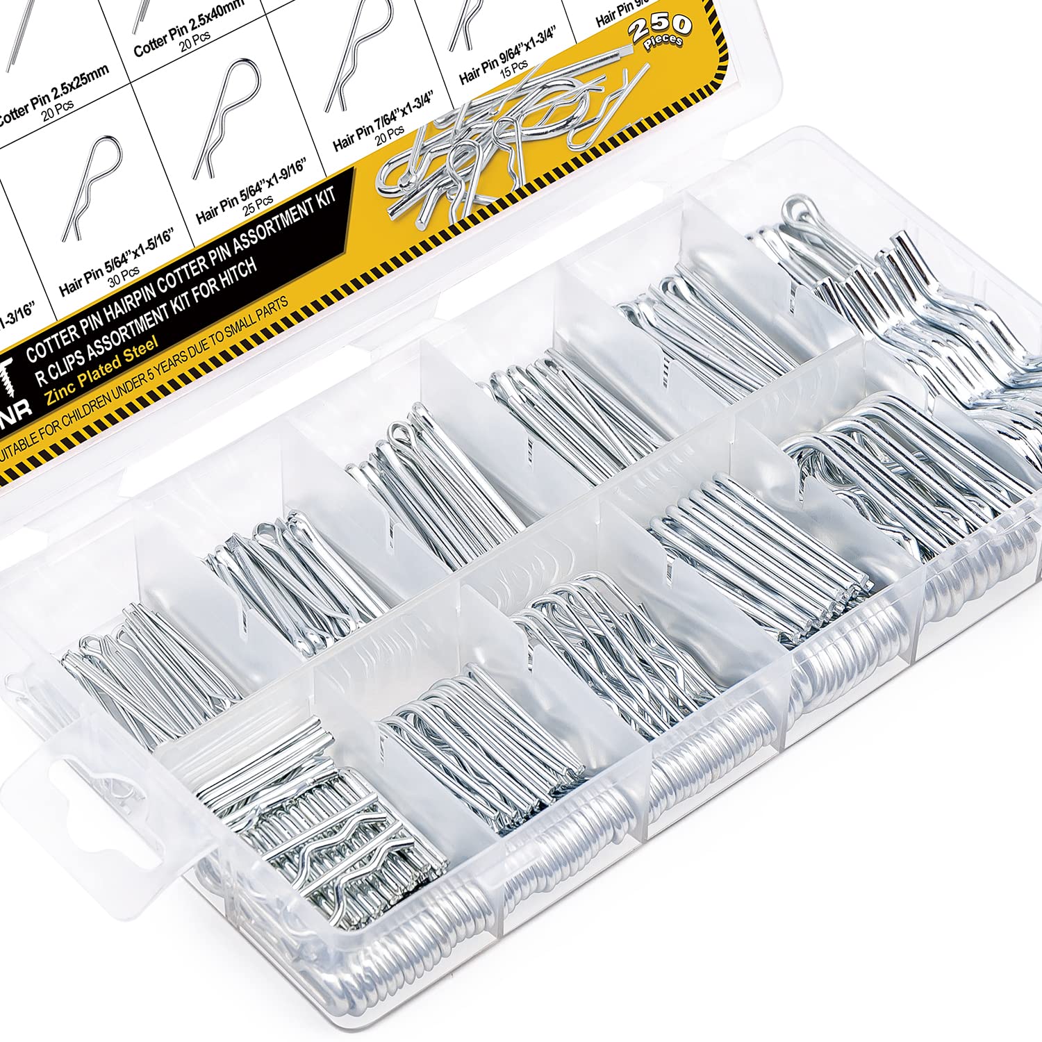 250Pcs Hairpin Cotter Pins Assortment Kit - Zinc Plated Steel R Clips & Cotter Keys for Hitch, Lawn Mower, Truck - Secure Fastening for Automotive, Machinery & DIY Projects