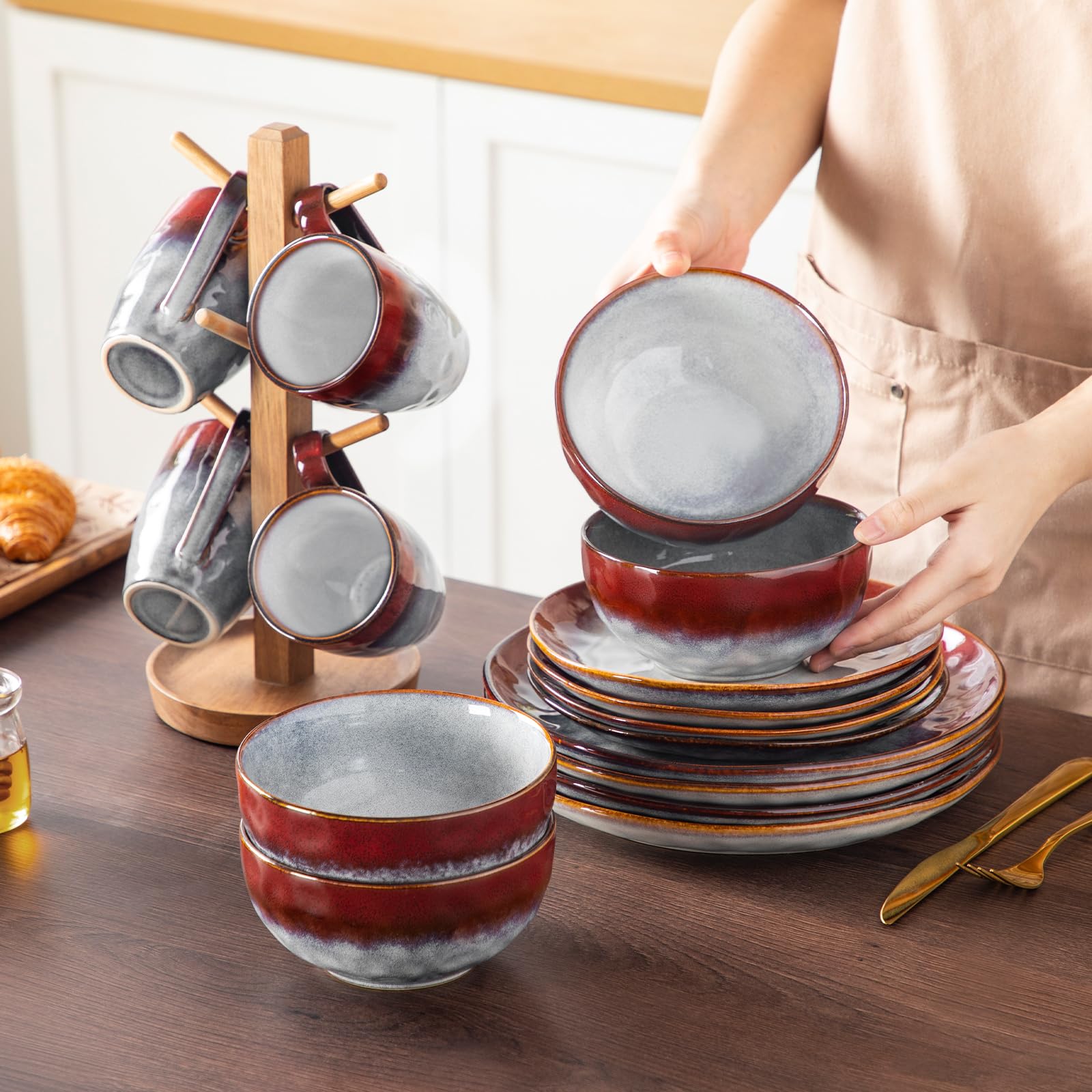 Vancasso Starry 16-Piece Red Dinnerware Set | Reactive Glaze Change Ceramic Plates & Bowls | Elegant Table Setting for Holidays, Parties & Daily Dining