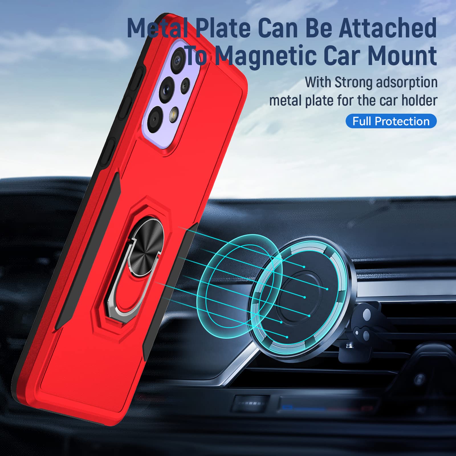 **Samsung Galaxy A33 5G Case, M MAIKEZI Military-Grade Armor Phone Cover with HD Screen Protector, Magnetic Ring & Kickstand – Car Mount Compatible, Shockproof Protection (KTZ Red/Black) – Perfect for Work, Travel & Outdoor Adventures**