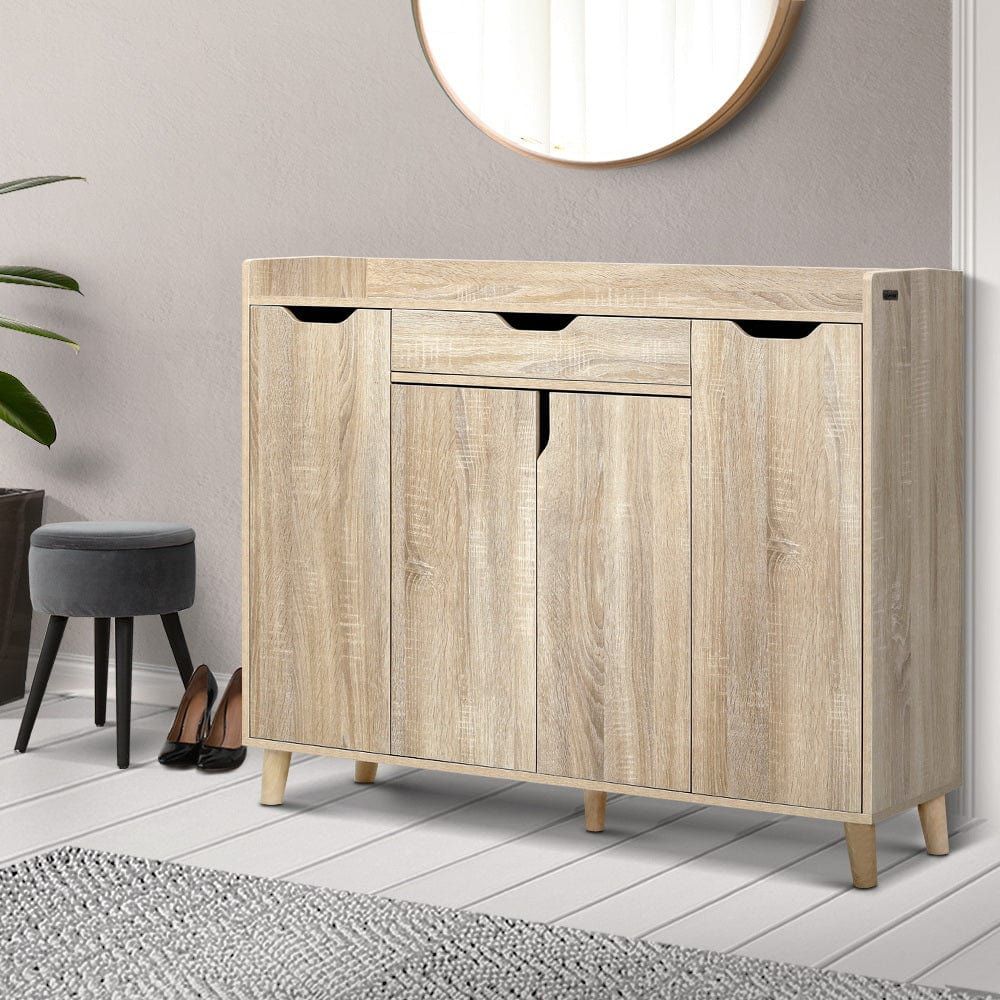 120cm Wooden Shoe Storage Cabinet with Drawers - Shoe Organizer Rack for Entryway, Closet & Bedroom - Space Saving Shoe Cupboard for Home Organization