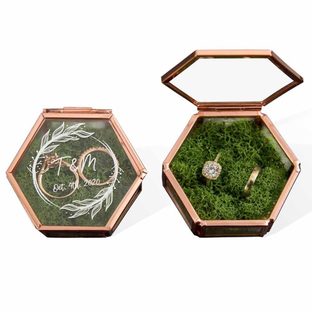 Custom Glass Ring Box with Moss & Artificial Flowers - Elegant Geometric Jewelry Storage for Engagement Rings, Earrings & Gifts | Perfect for Weddings, Valentine's Day & Birthday Presents - Display Your Precious Jewelry in Style