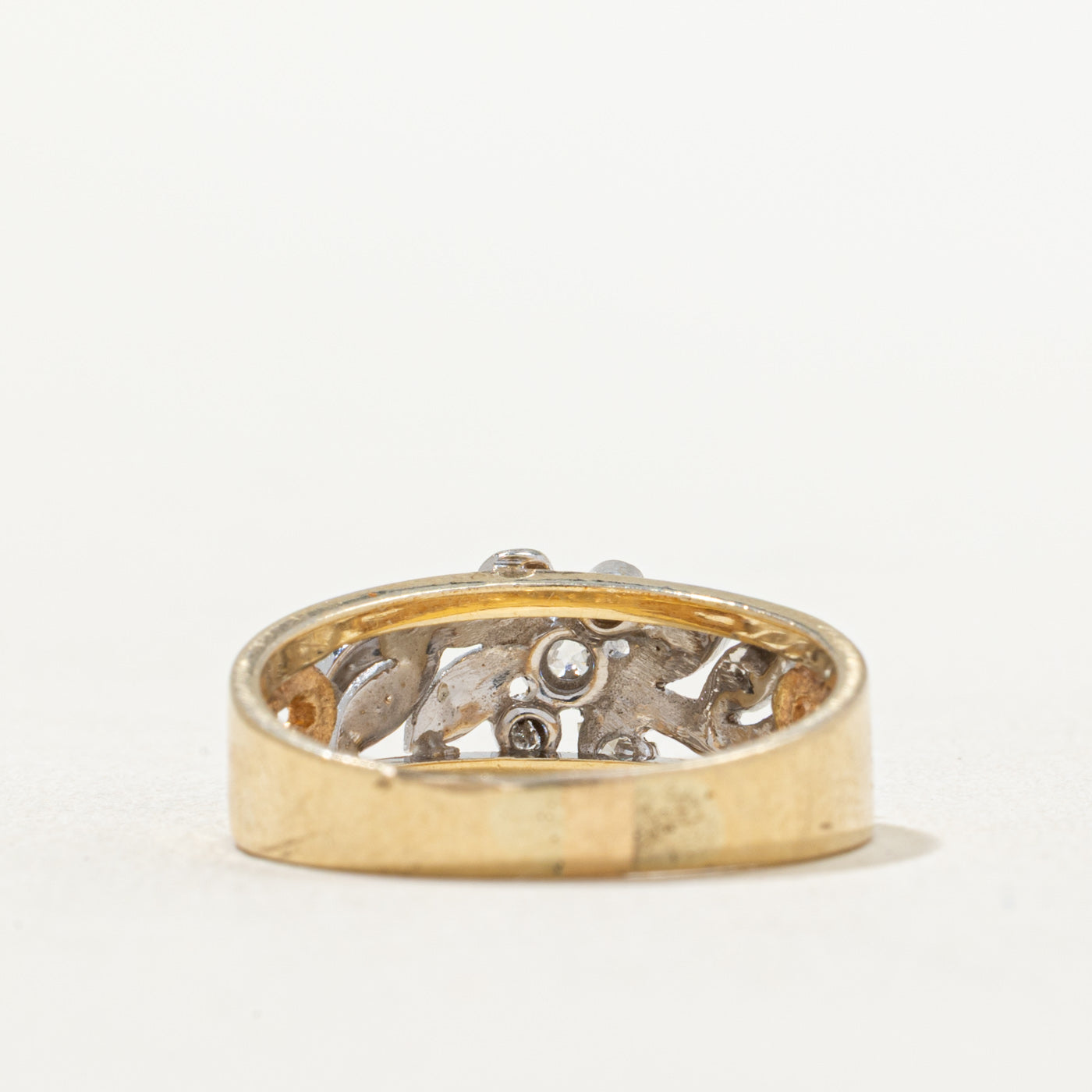 Two Tone Gold Diamond Leaf Motif Band Ring - 0.08ctw Natural Diamonds - Size 6.25 - Elegant Nature-Inspired Jewelry for Women - Perfect for Weddings, Anniversaries & Everyday Wear