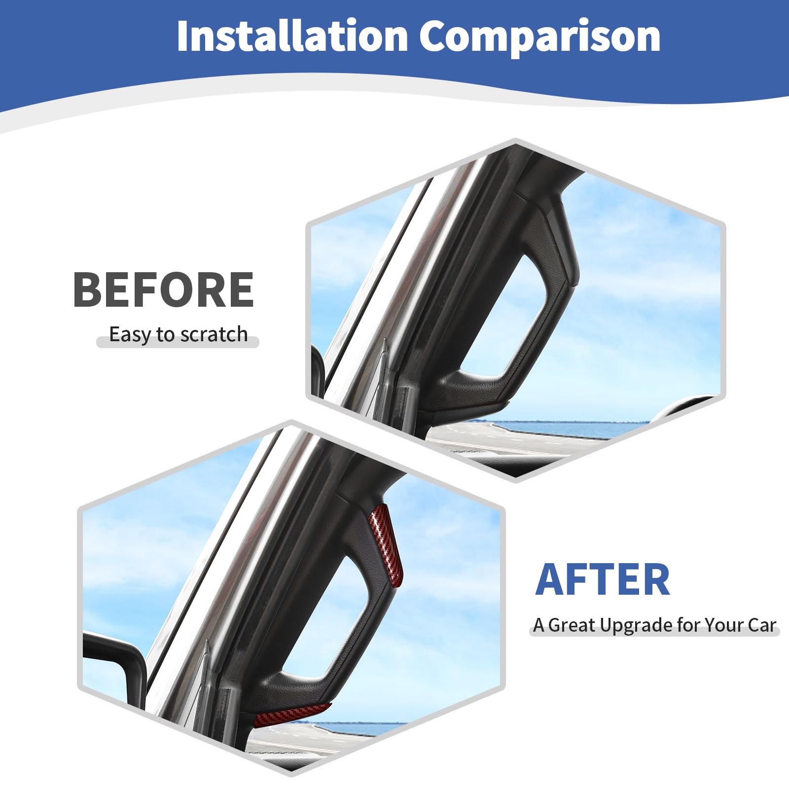 RT-TCZ Red Carbon Fiber A/B Pillar Grab Handles Cover Trim for Jeep Wrangler JL JLU & Gladiator JT 4-Door (2018-2023) - Interior Accessories for Off-Road Protection & Style Enhancement