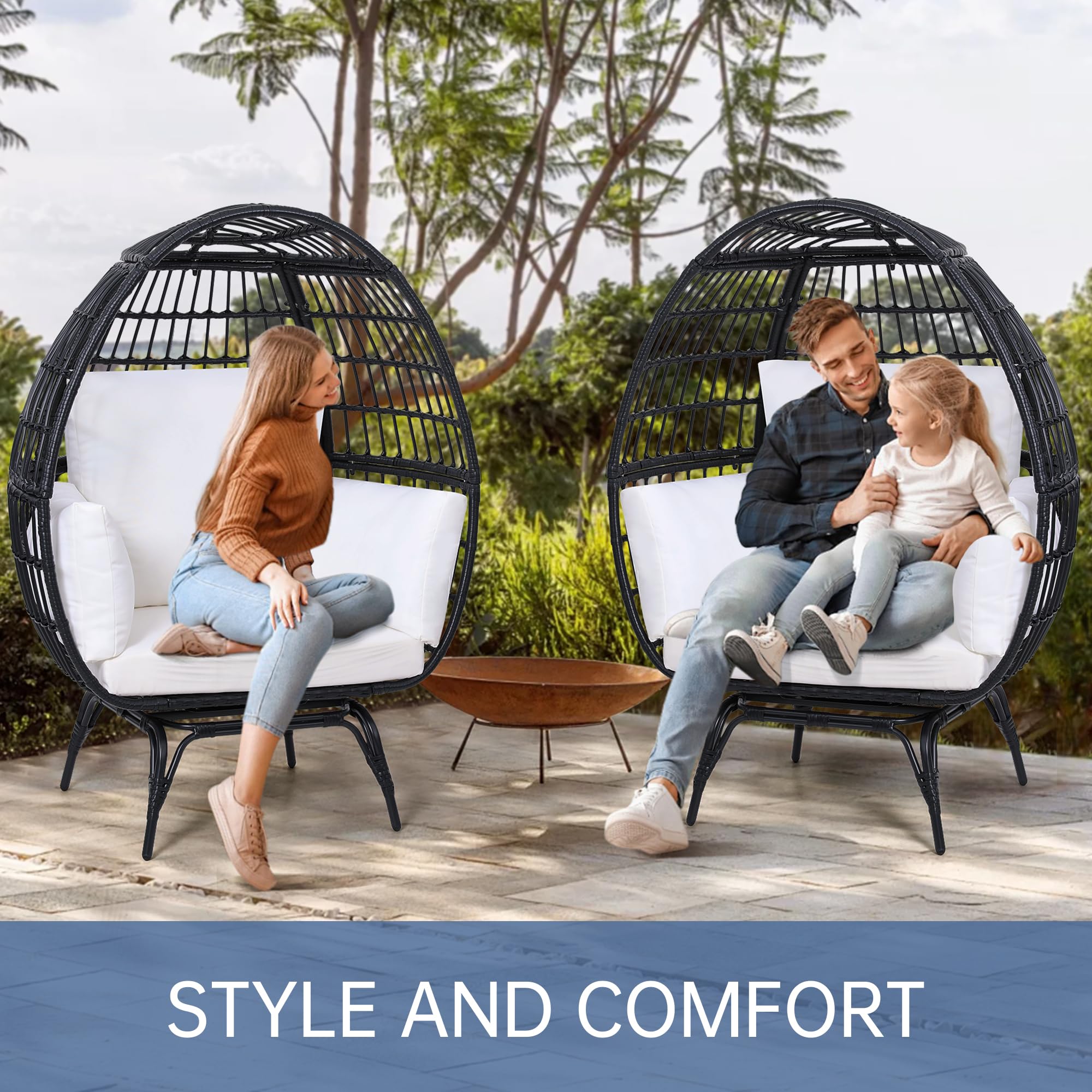 360° Swivel Rattan Egg Chair for Adults - Oversized Indoor/Outdoor Wicker Hanging Chair with Beige Cushions - Perfect for Patio, Garden, Living Room & Balcony Relaxation - Black Rattan Egg-Shaped Lounge Chair with Thick Comfortable Cushions