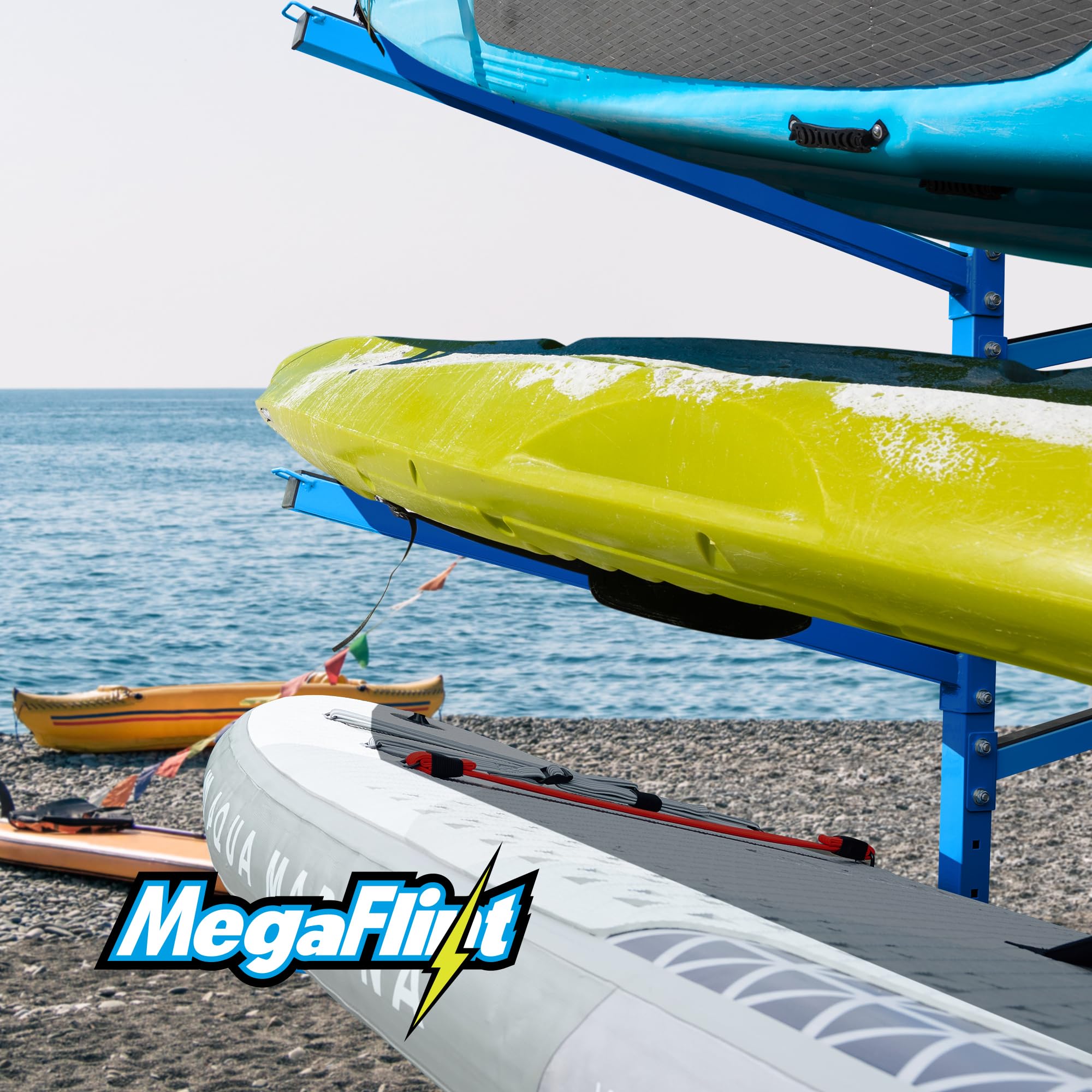 3-Tier Adjustable Freestanding Kayak & SUP Storage Rack - Heavy Duty Weatherproof Stand for Kayaks, Paddleboards, Canoes & Surfboards - Perfect for Garage, Backyard & Dock Organization (Blue)