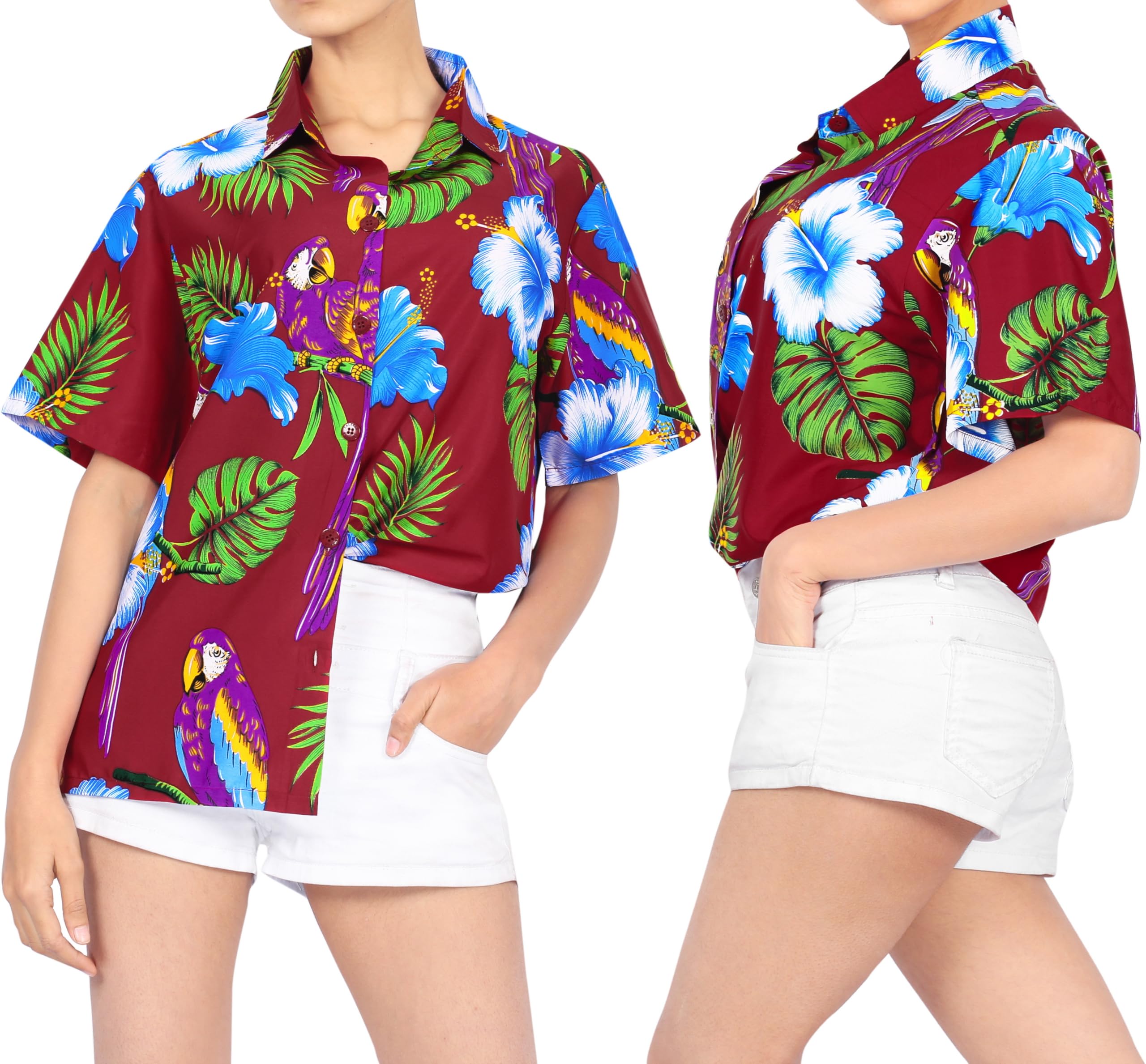 LA LEELA Women's Short Sleeve Hawaiian Beach Blouse - Floral Print Vacation Shirt for Summer, Pool Party & Tropical Getaways