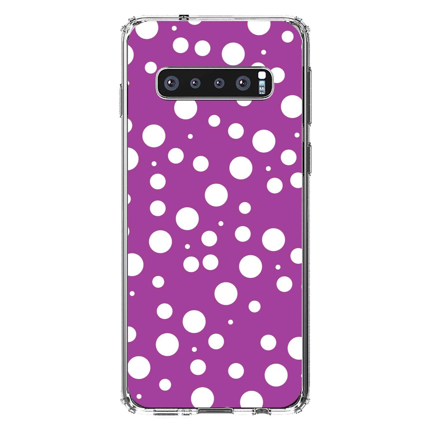 **Shockproof Hybrid Case for Samsung Galaxy S10 (6.1 Inch) - Clear TPU Bumper with Acrylic Back & Tempered Glass Screen Protector - Fuchsia White Polka Dot Design - Perfect for Everyday Protection & Style**