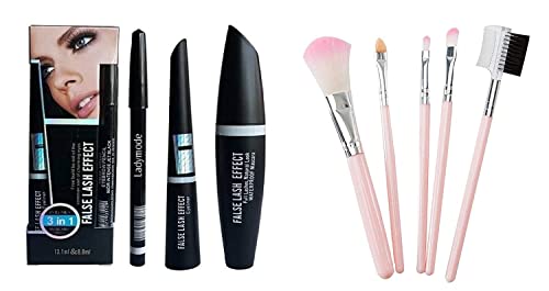 5-Piece Soft Bristle Makeup Brush Set with 3-in-1 Eyeliner, Mascara & Kajal Pencil - Perfect for Eyeshadow, Contouring & Professional Makeup Application (8-Pack)