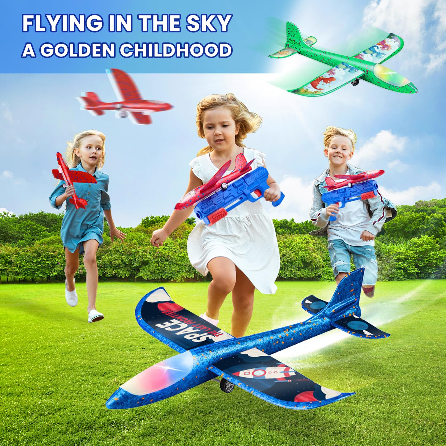 6 Pack LED Foam Airplane Launcher Toys for Kids - 2 Flight Mode Glider Planes, Outdoor Flying Toys for Boys & Girls Ages 3-12 - Perfect Birthday Gift & Educational STEM Toy for Backyard Play, Park Activities and Family Fun