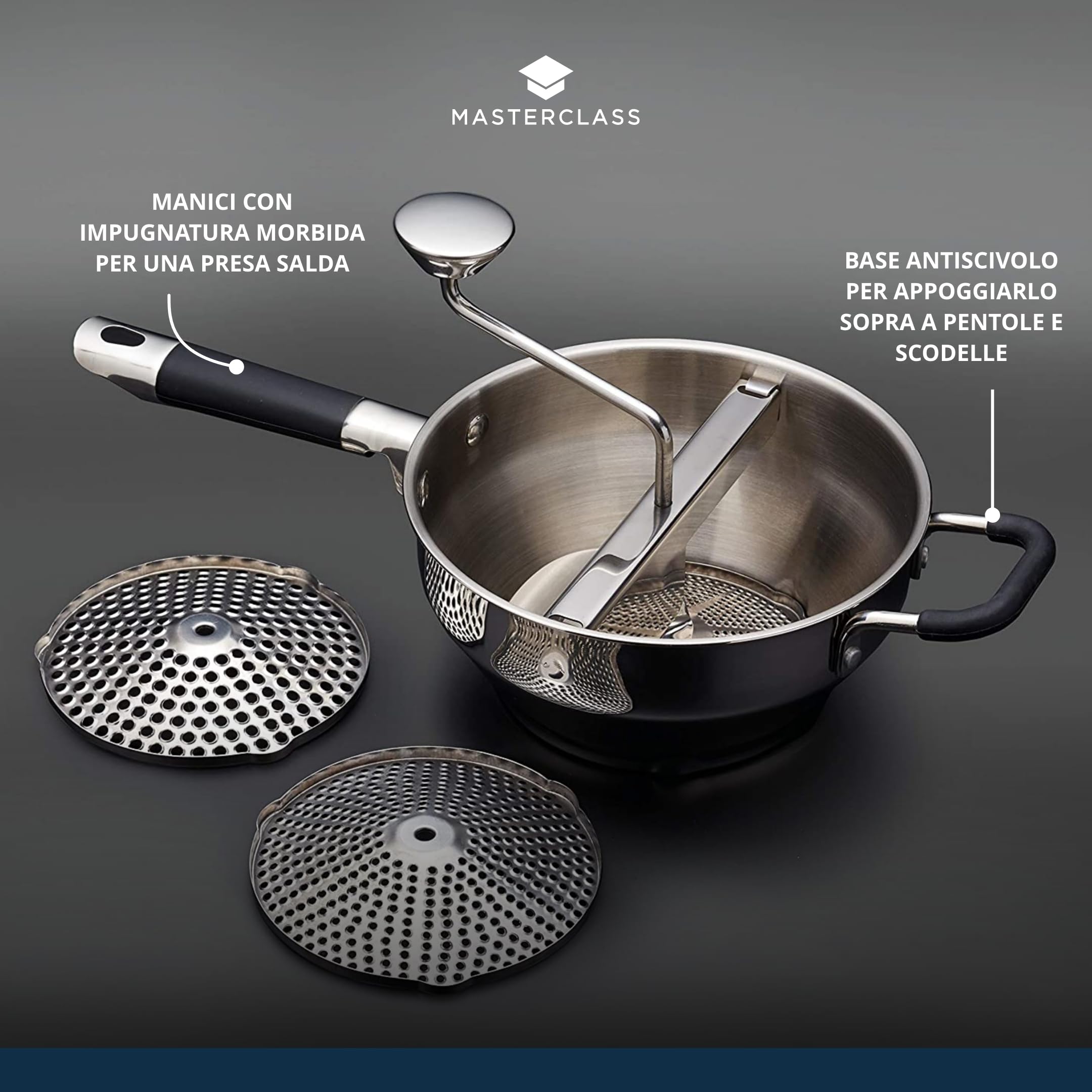 Premium Stainless Steel Food Mill - Manual Masher & Puree Maker for Vegetables, Fruits, and Sauces - 43.5 x 21 x 19.5 cm Silver Kitchen Tool - Perfect for Canning, Baby Food, and Homemade Jams