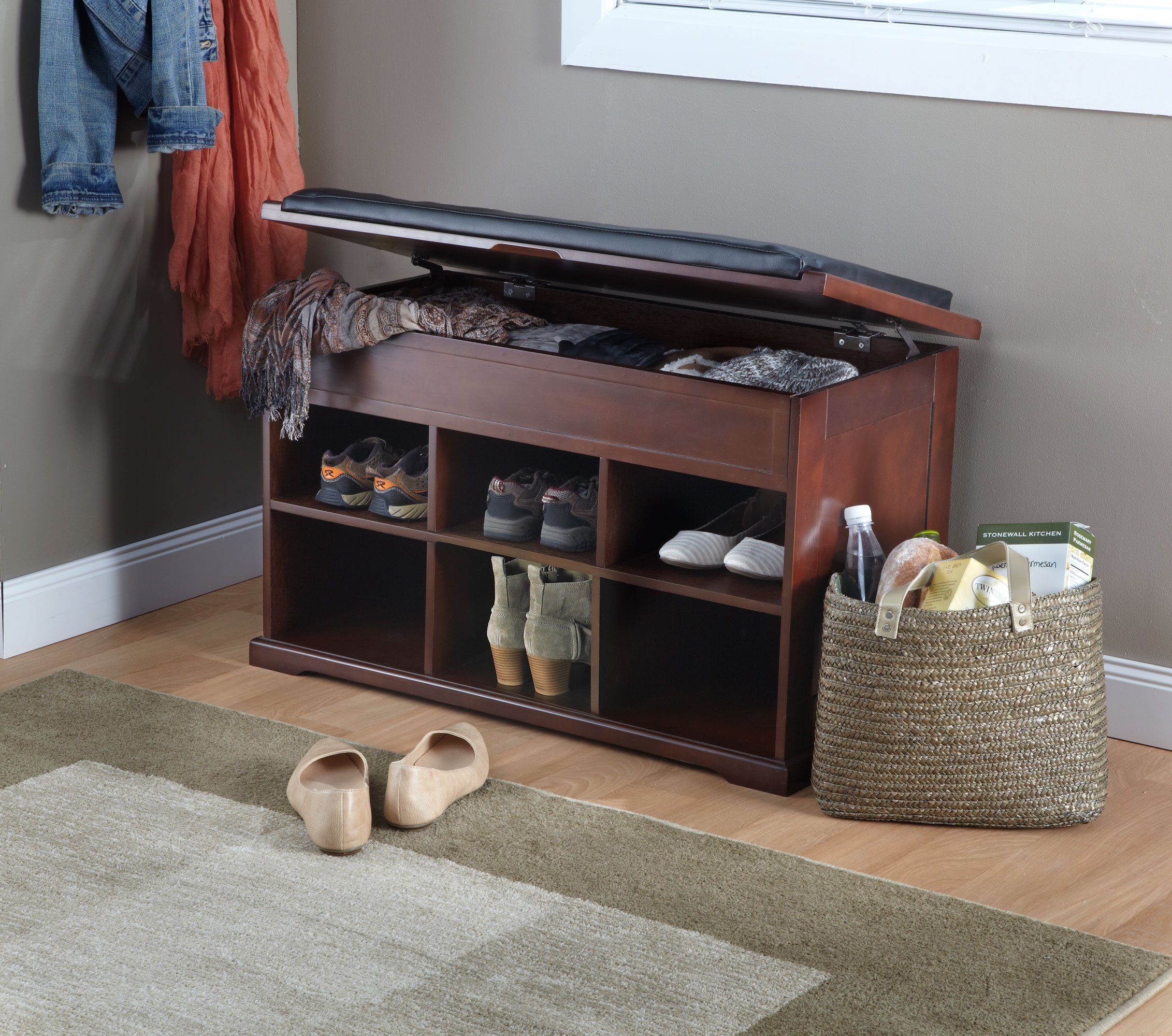 Merry Products Wooden Shoe Bench with Cushion & Storage - Entryway Shoe Rack Bench for Organizing Shoes, Boots & Accessories - Perfect for Hallway, Mudroom or Bedroom Decor