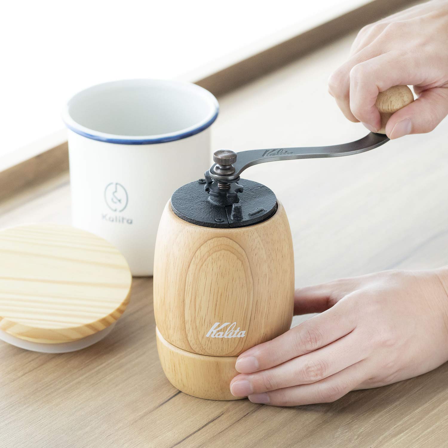 Premium Carita Kalita KH-9 Manual Coffee Grinder - Adjustable Coarseness, Durable Cast Iron Burr & Natural Wood Body - Perfect for French Press, Pour Over & Espresso at Home or Camping