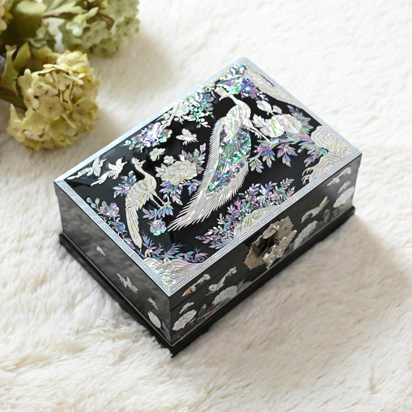 Elegant MADDesign Mother of Pearl Jewelry Box with Mirror Lid - 2-Tier Peacock Design in Black | Perfect for Ring & Earring Storage, Vanity Organizer & Gift for Women