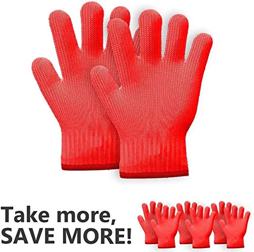 Heat Resistant Oven Gloves - 1 Pair Cotton Kitchen Mitts for Cooking, Baking & Grilling - Red Pot Holders with Finger Protection for Safe Handling of Hot Pans & Dishes