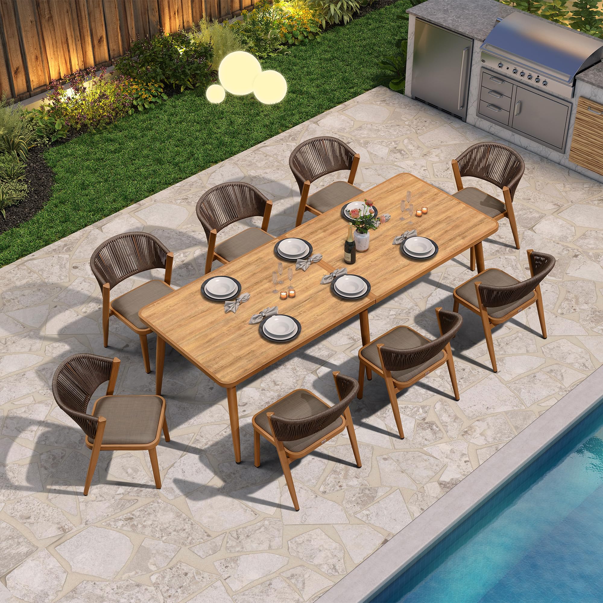 PURPLE LEAF 9-Piece Outdoor Dining Set - Teak & Aluminum Patio Furniture with Wicker Dining Table & Chairs - Perfect for Lawn, Deck, Patio & Backyard Entertaining