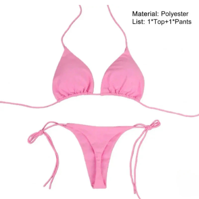 2 Pcs Women's Sexy Solid Color Bikini Set - Halter Neck Strap Thong Swimwear Bathing Suit for Beach, Pool Party & Summer Vacation