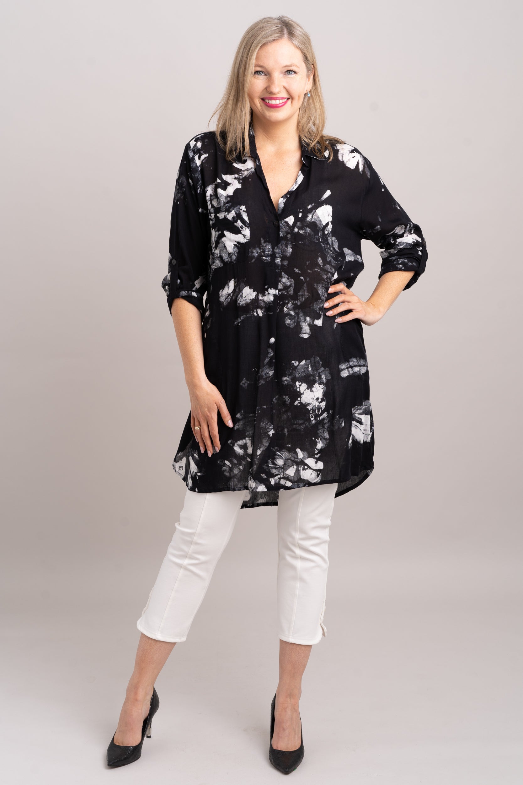 Annabelle Tunic Top - Moon Flower Print Women's Blouse - Final Sale - Perfect for Casual Wear, Office Outfits & Summer Dresses