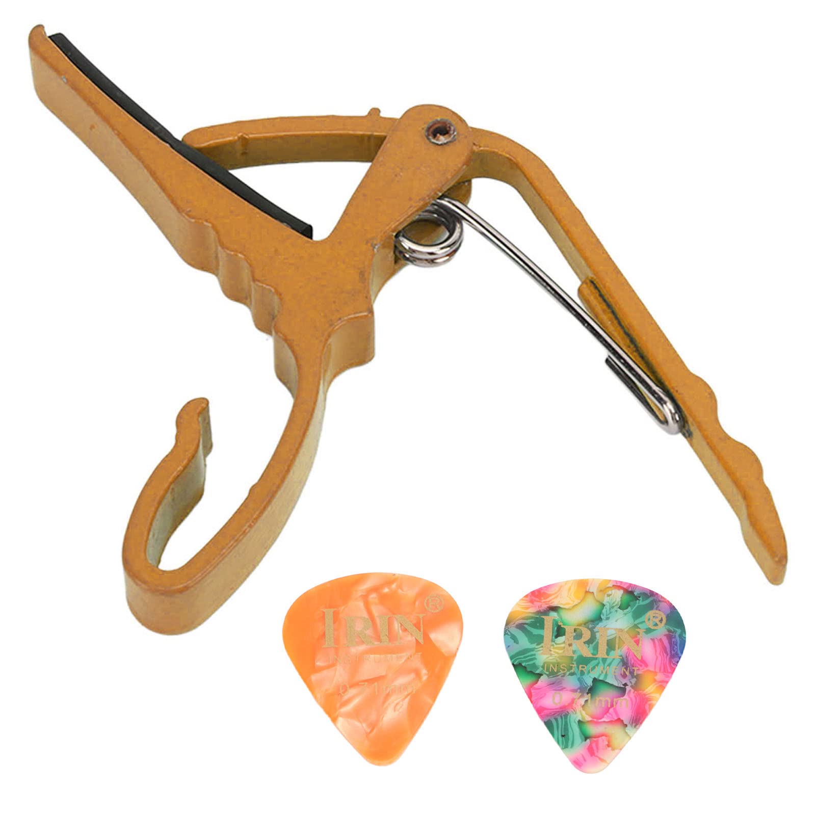 Premium Alloy Guitar Capo - Quick Change Trigger Design with Picks Included for Easy Tone Adjustment (Gold) - Perfect for Acoustic & Electric Guitar Performances, Practice Sessions & Live Shows