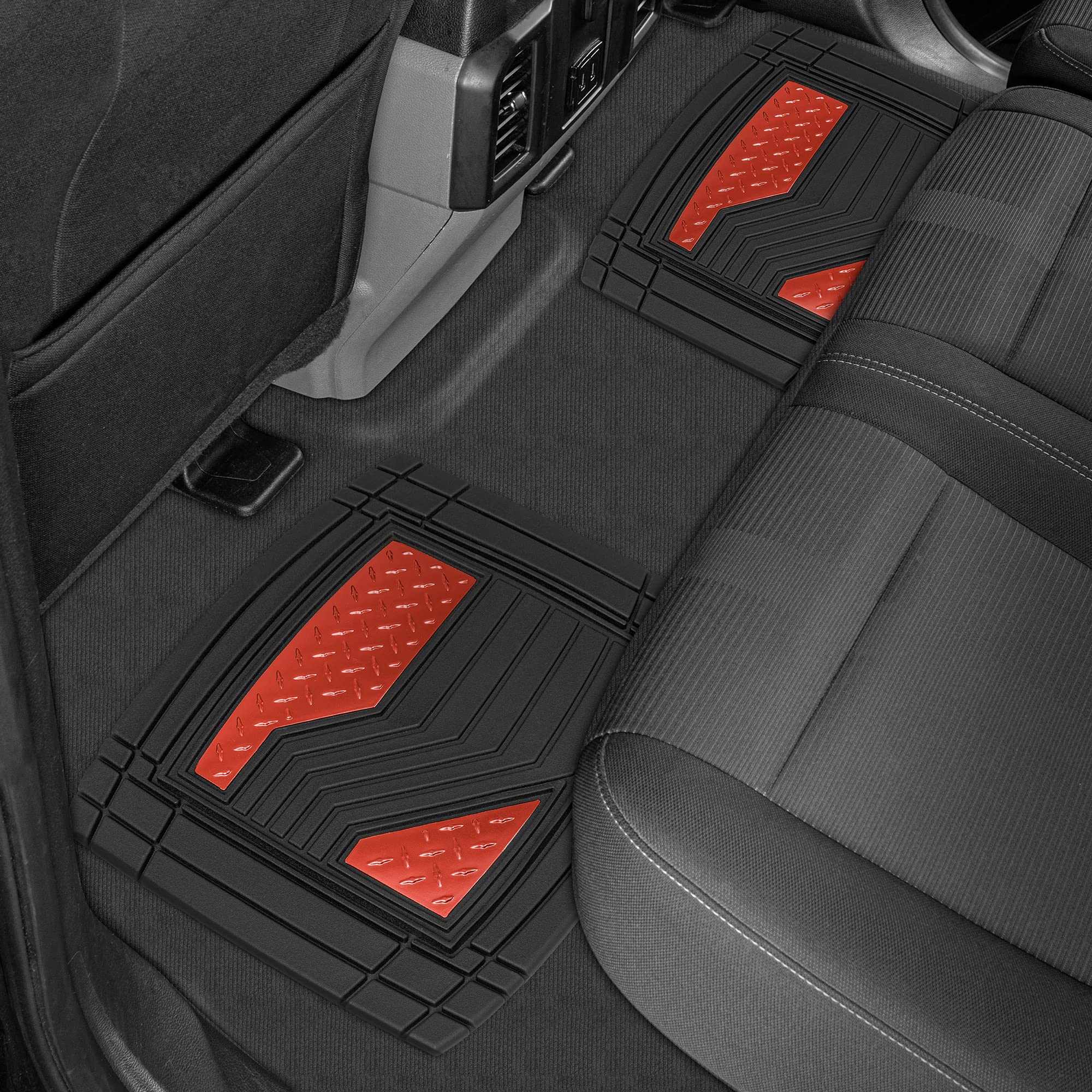 CAT DiamondShield All-Weather Rubber Floor Mats for Cars, Trucks & SUVs - Heavy Duty Front & Rear Set with Anti-Slip Backing & Heel Pad - Universal Fit Trim-to-Fit Design (Red) - Perfect for Road Trips, Off-Road Adventures & Daily Commutes