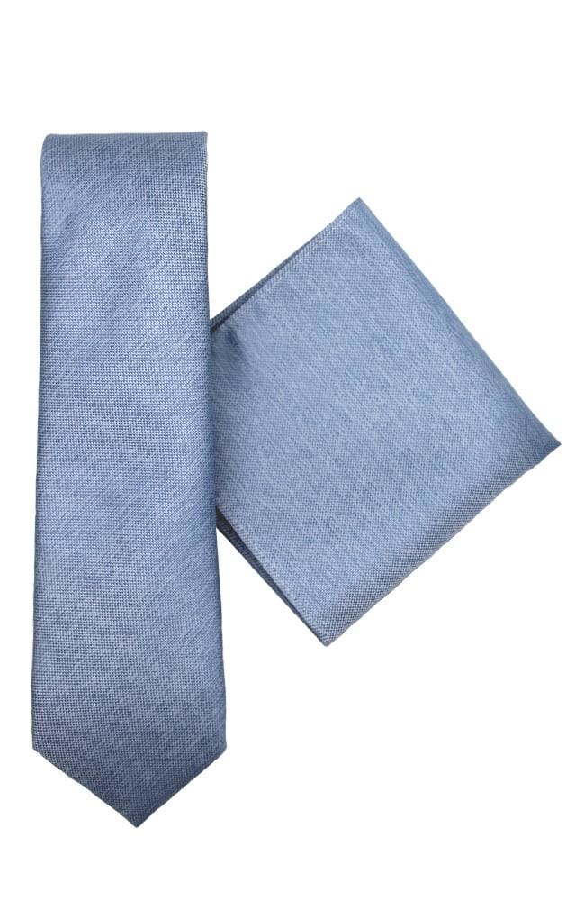 L.A. Smith Poly Blue Plain Tie and Pocket Square Set - Premium Silk-Like Necktie & Handkerchief Combo for Business, Weddings & Formal Events