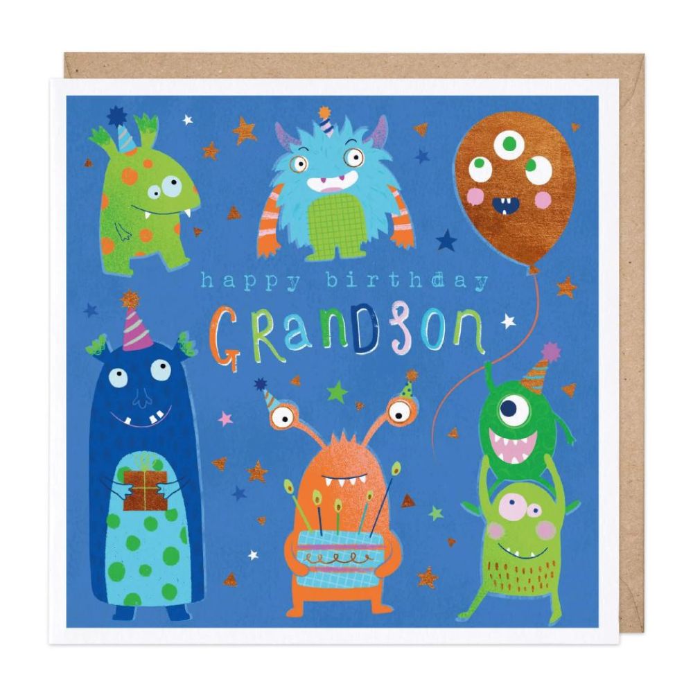 Whistlefish Monster Party Birthday Card for Grandson - Fun & Colorful Greeting Card for Kids, Grandchildren & Family Celebrations