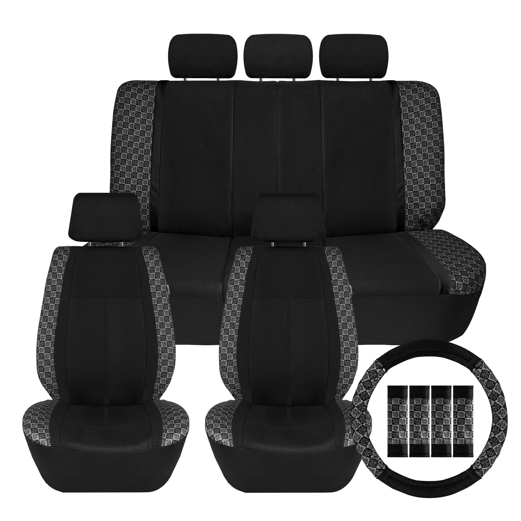 We Are Young Life is Fun™ Universal Fit Checker Car Seat Covers Set - Black Interior Accessories with Steering Wheel Cover & Seat Belt Pads | Compatible with Airbag & Split Rear Seats | Perfect for Road Trips, Daily Commutes & Family Cars