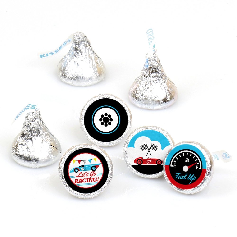 Big Dot of Happiness Let's Go Racing Round Candy Stickers - 108-Piece Sheet for Chocolate Candy Favors | Perfect for Baby Showers & Race Car Birthday Parties | Fun Party Decorations & Sweet Treat Labels