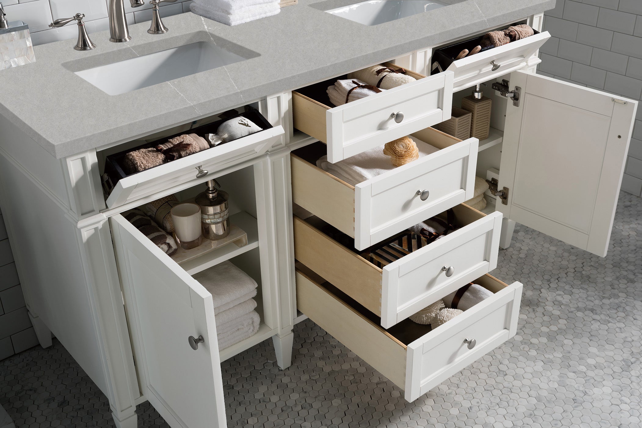 Brittany 60-Inch Bright White Double Bathroom Vanity with 3CM Eternal Serena Quartz Countertop - Perfect for Master Bathrooms & Luxury Home Renovations
