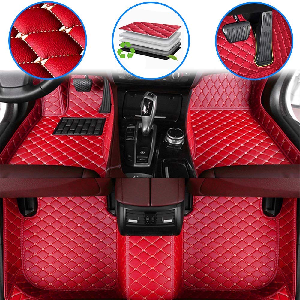 Premium Car Floor Mats for Mini Countryman 2011-2016 | 5-Seater Waterproof All-Weather Floor Liners with Cup Holder | Luxury Leather Auto Carpets Full Coverage Set (Red) | Perfect for Road Trips, Daily Commute & Winter Protection