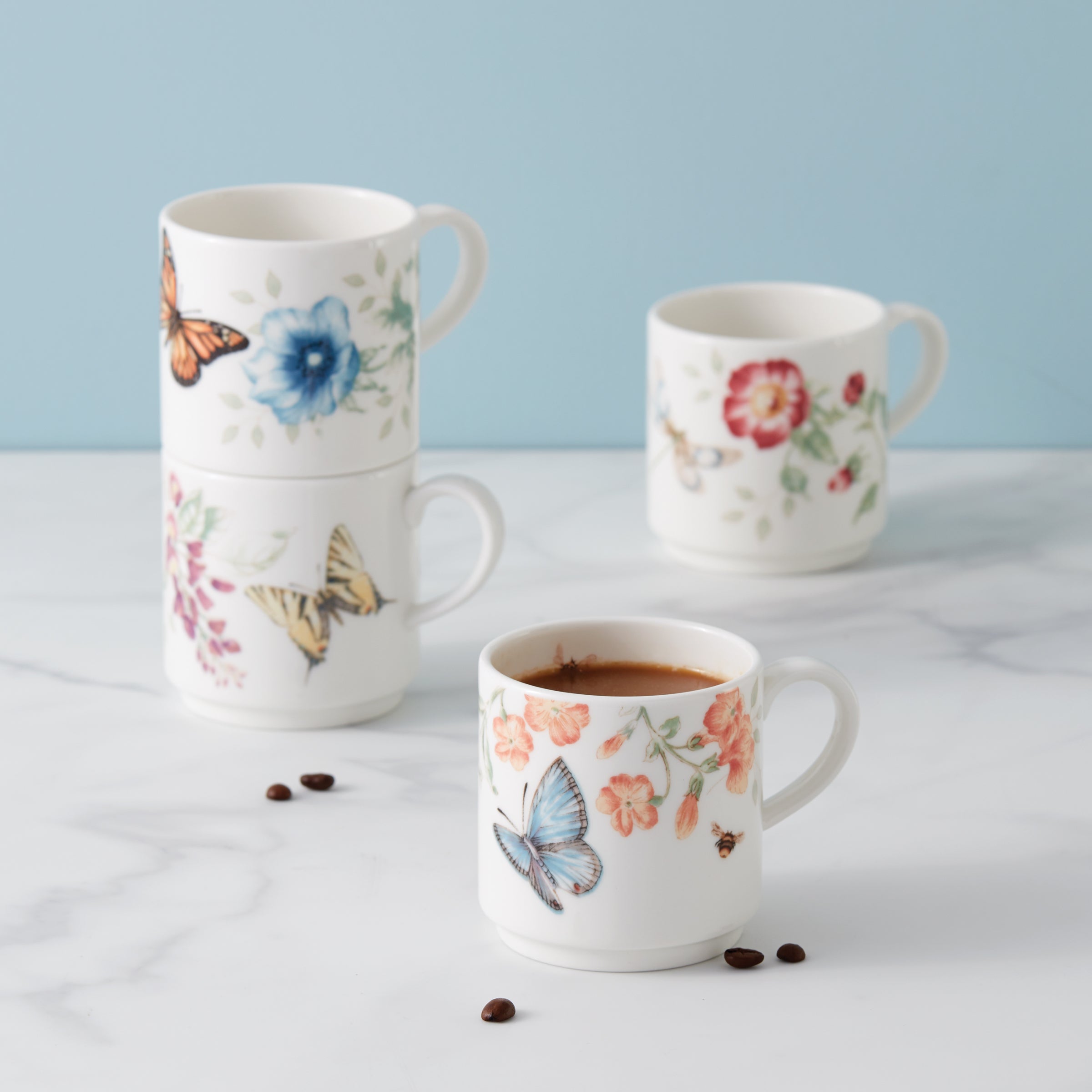 Butterfly Meadow Stacking Mugs Set of 4 - Colorful Ceramic Coffee Cups for Tea, Hot Chocolate & Breakfast - Perfect for Home, Office & Gift Giving