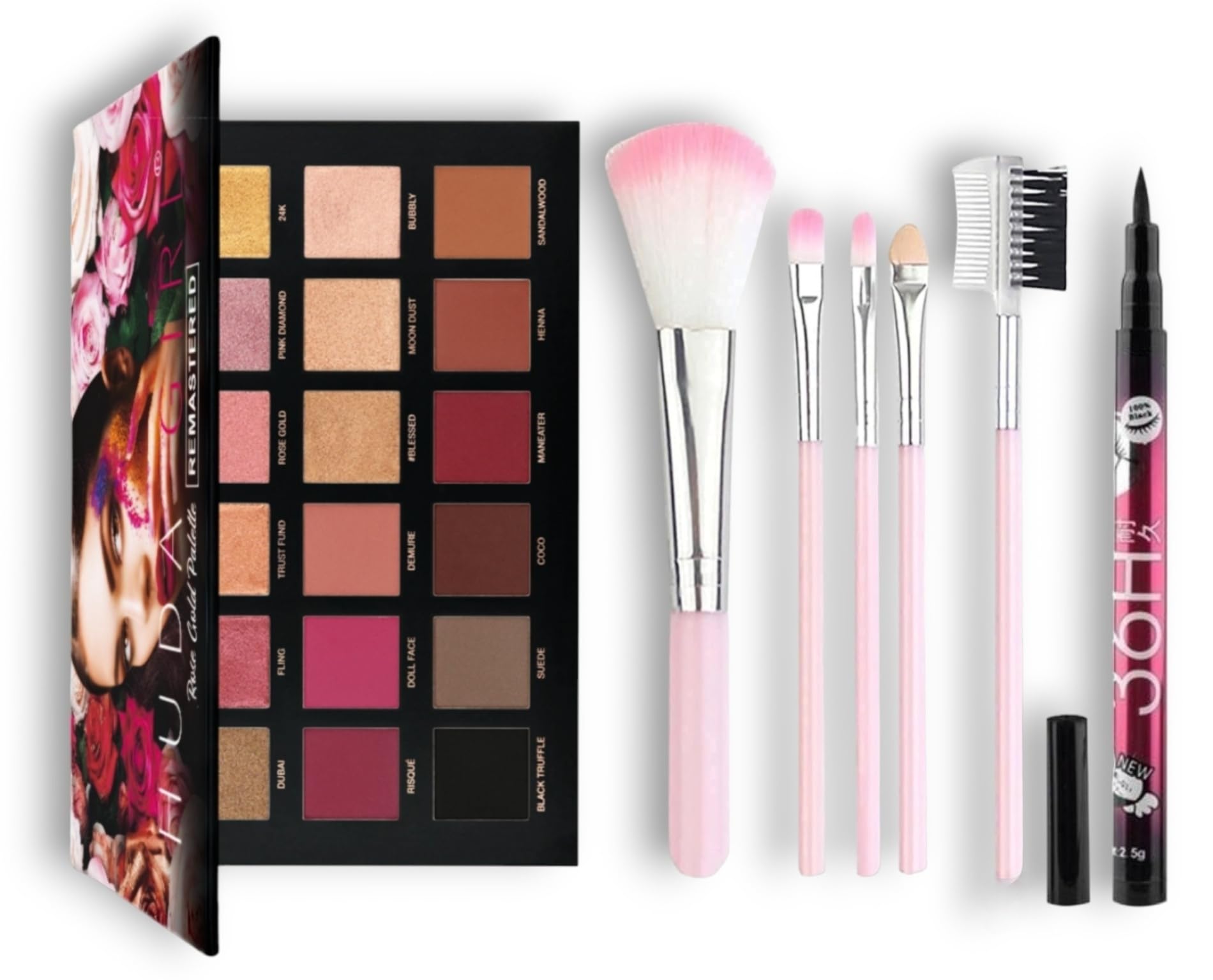 NYN 7-in-1 Makeup Kit with Rose Gold Eyeshadow Palette, 5 Pink Makeup Brushes & Waterproof Eyeliner - Perfect for Everyday Glam, Date Night & Professional Makeup Artist Use