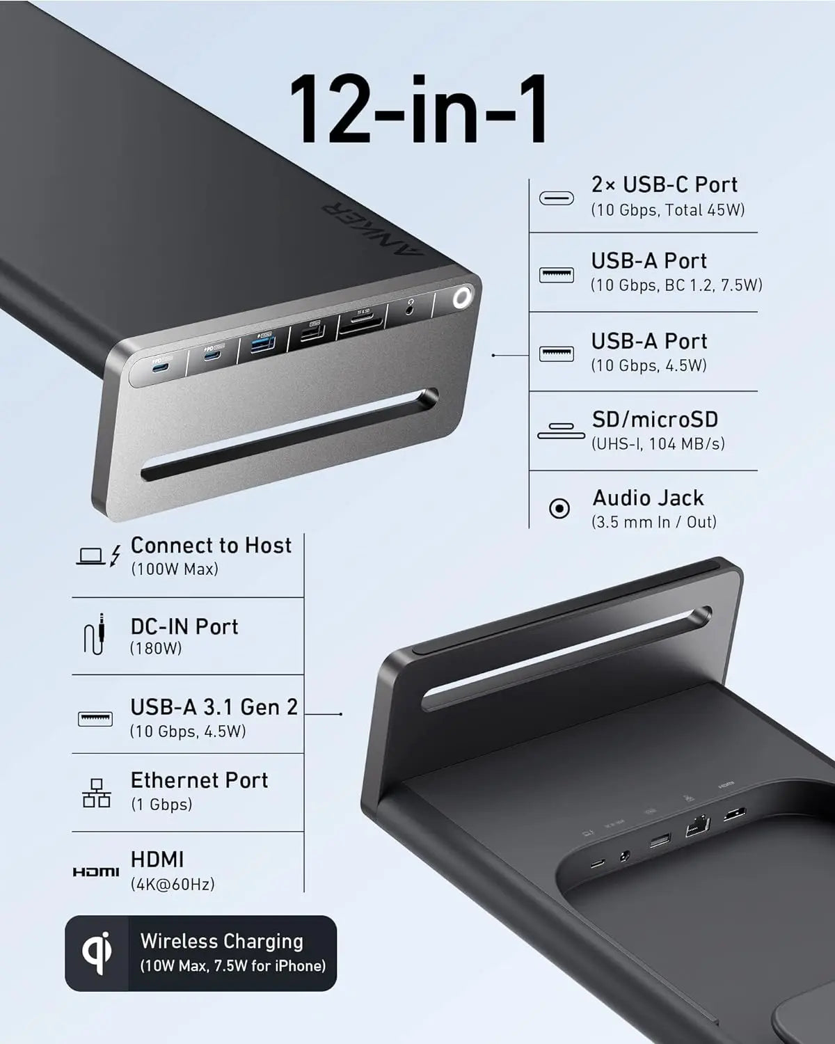 Anker 675 USB C Docking Station Adapter 12-in-1 with Monitor Stand (Model A8377) - 6 Months Warranty | Ideal for Home Office, Remote Work & Multi-Monitor Setup