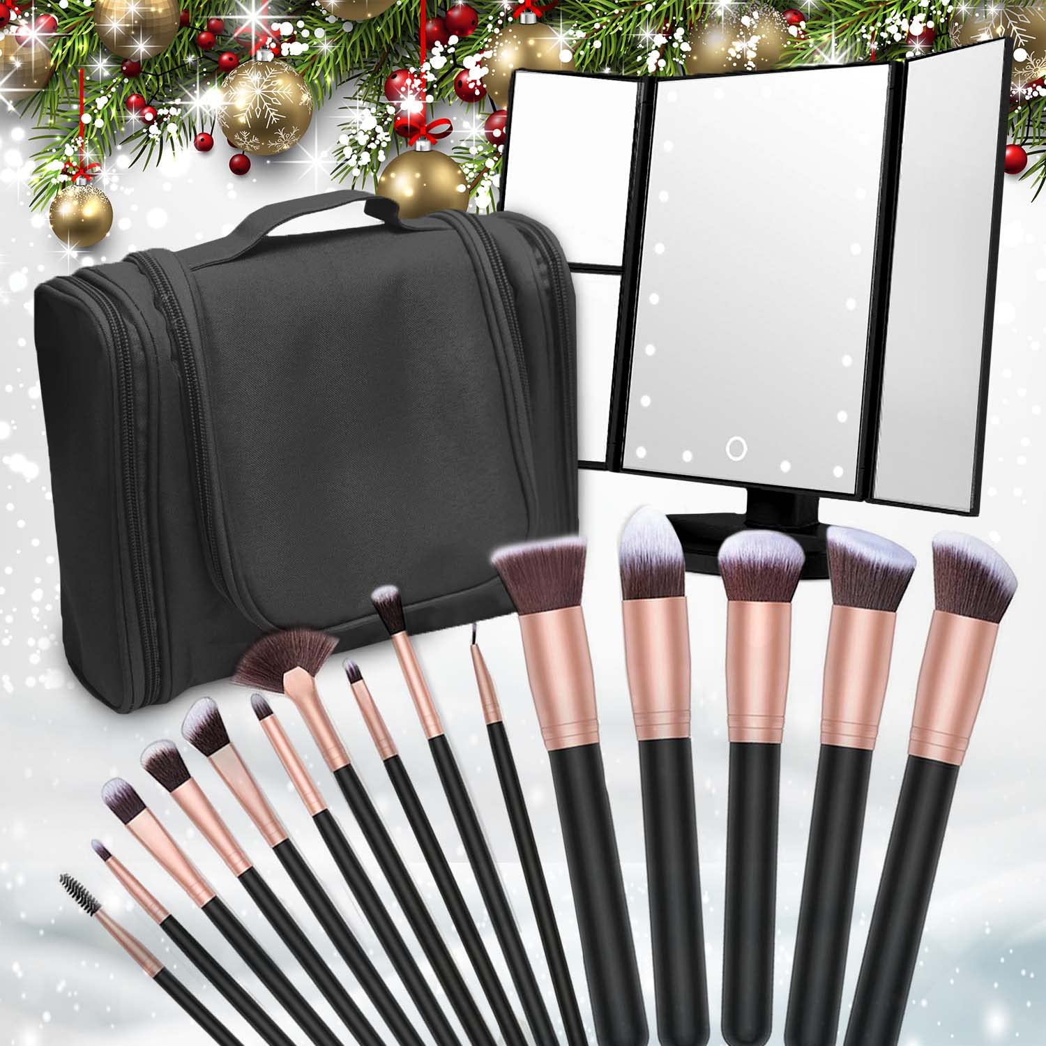21-Piece Makeup Brush Set with Hanging Toiletry Bag & LED Vanity Mirror - Perfect Travel Cosmetic Organizer for Women | Ideal Gift for Girlfriend, Mom, Birthday & Holidays | Home & Travel Beauty Essentials