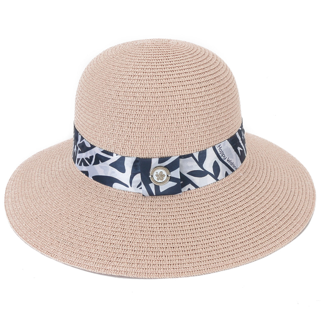 Elegant Pink Orchid Floral Print Hat for Women - Navy Blue Sun Hat with Wide Brim for Beach, Garden, and Outdoor Activities