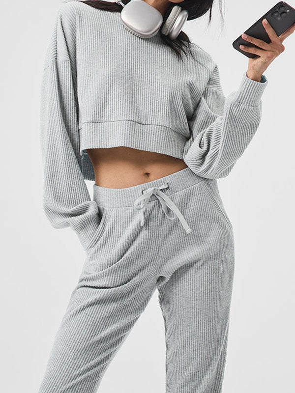 ZASUWA Women's Velvet Ribbed Pocket Hooded Tracksuit Set - Soft Lounge Wear for Home, Gym & Casual Outfits