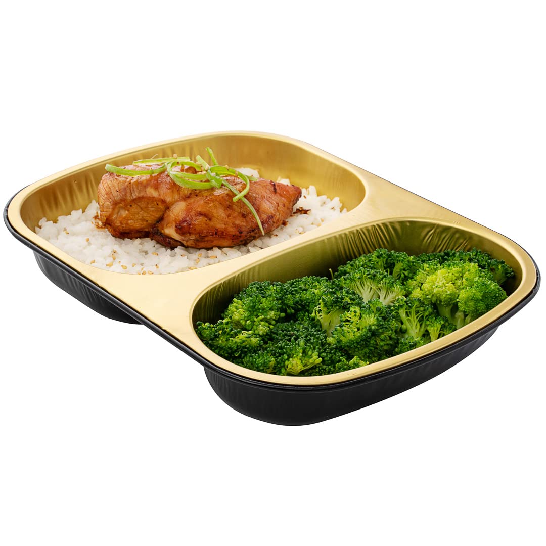 Restaurantware Foil Lux 28oz Aluminum Food Containers - 100 Pack Rectangle Foil Trays with 2 Compartments (Lids Sold Separately) | Oven-Safe Black & Gold Baking Pans for Meal Prep, Catering, Takeout & Party Serving