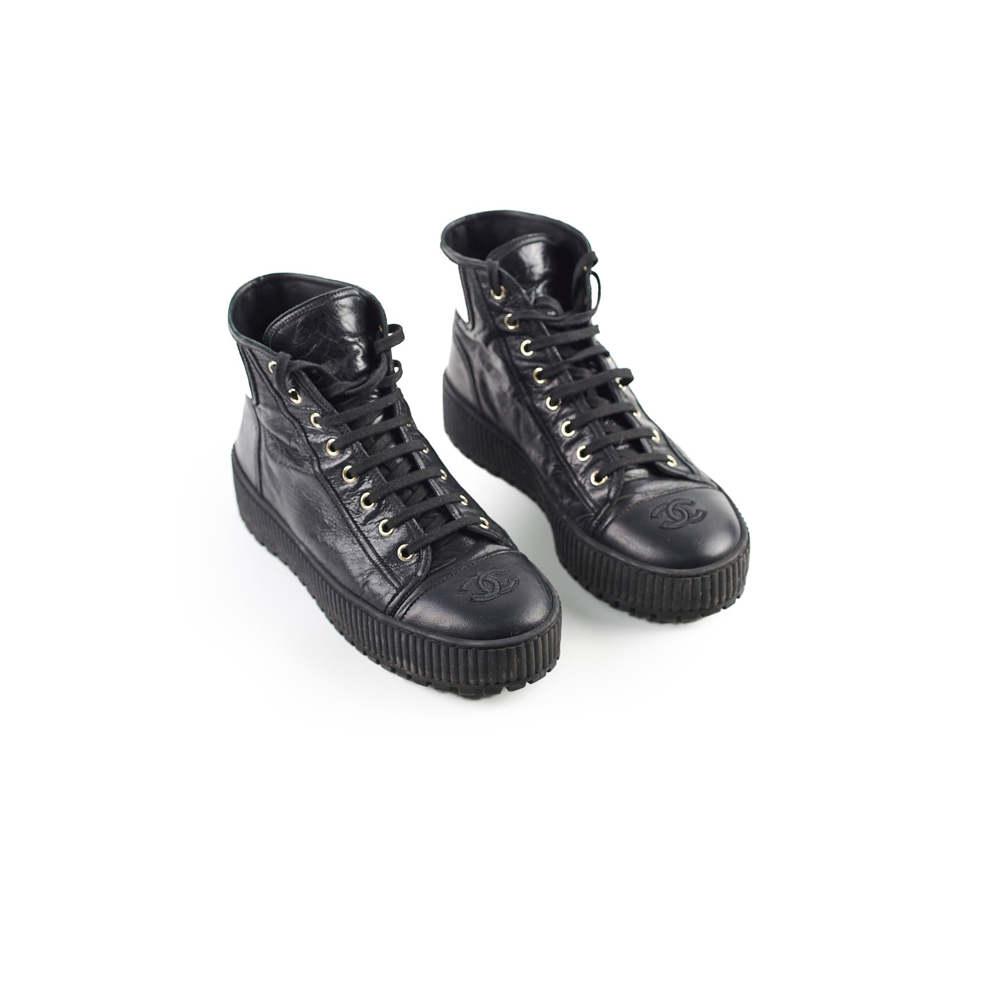 Chanel Black Calfskin Cap Toe Lace Up Boots Size 40.5C - Luxury Women's Ankle Boots for Office, Party & Evening Wear