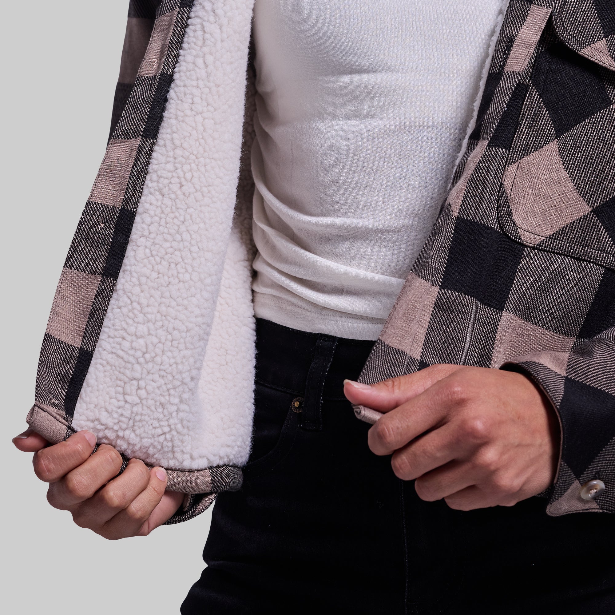 Women's Sherpa Cropped Flannel Shirt - Soft Plaid Winter Jacket with Axe Print | Cozy Layering for Fall & Winter, Outdoor Camping, and Casual Streetwear