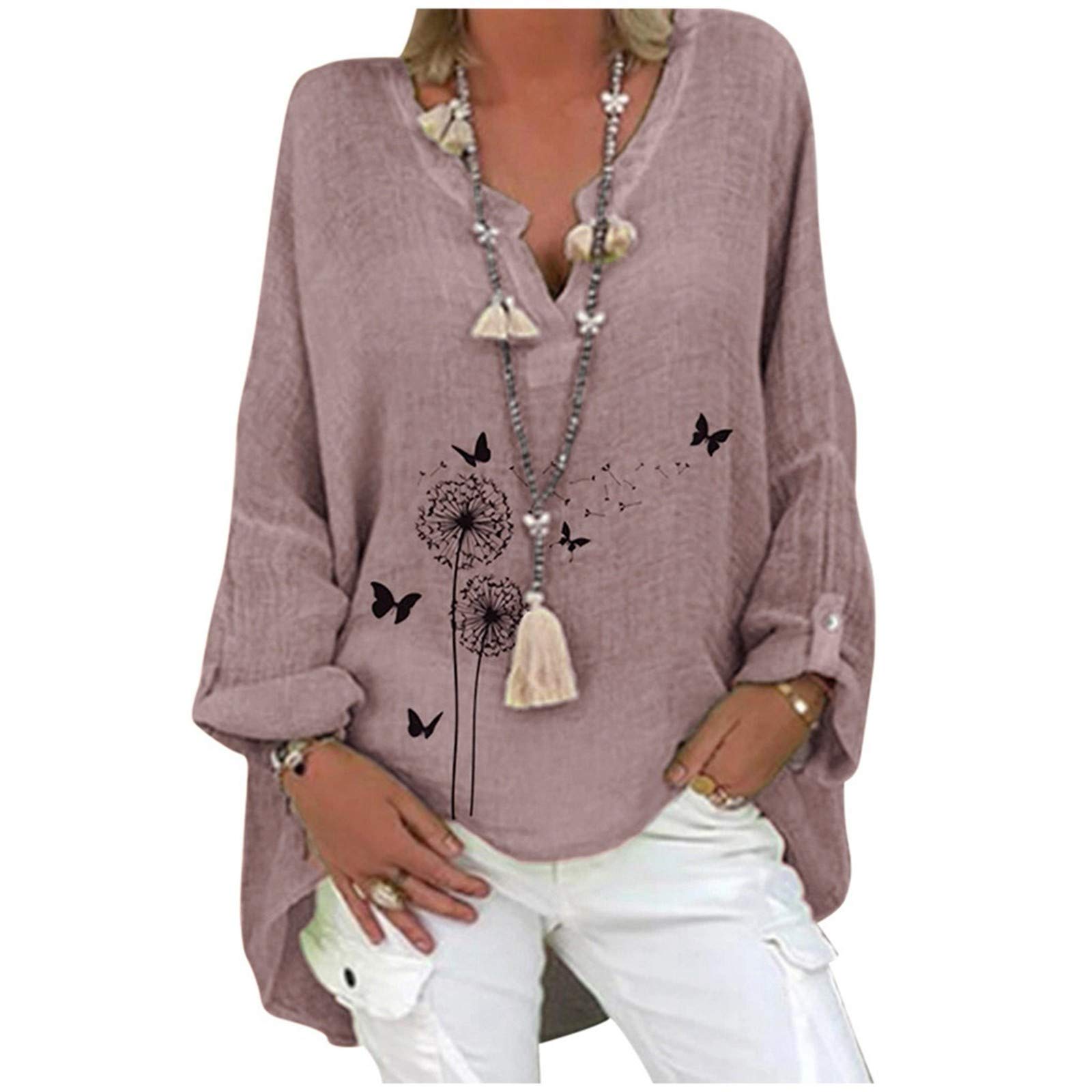 Women's Long Sleeve V-Neck Tunic Blouse - Loose Fit Casual & Workout Top in Brown | Perfect for Office Wear, Yoga, Running & Everyday Outfits