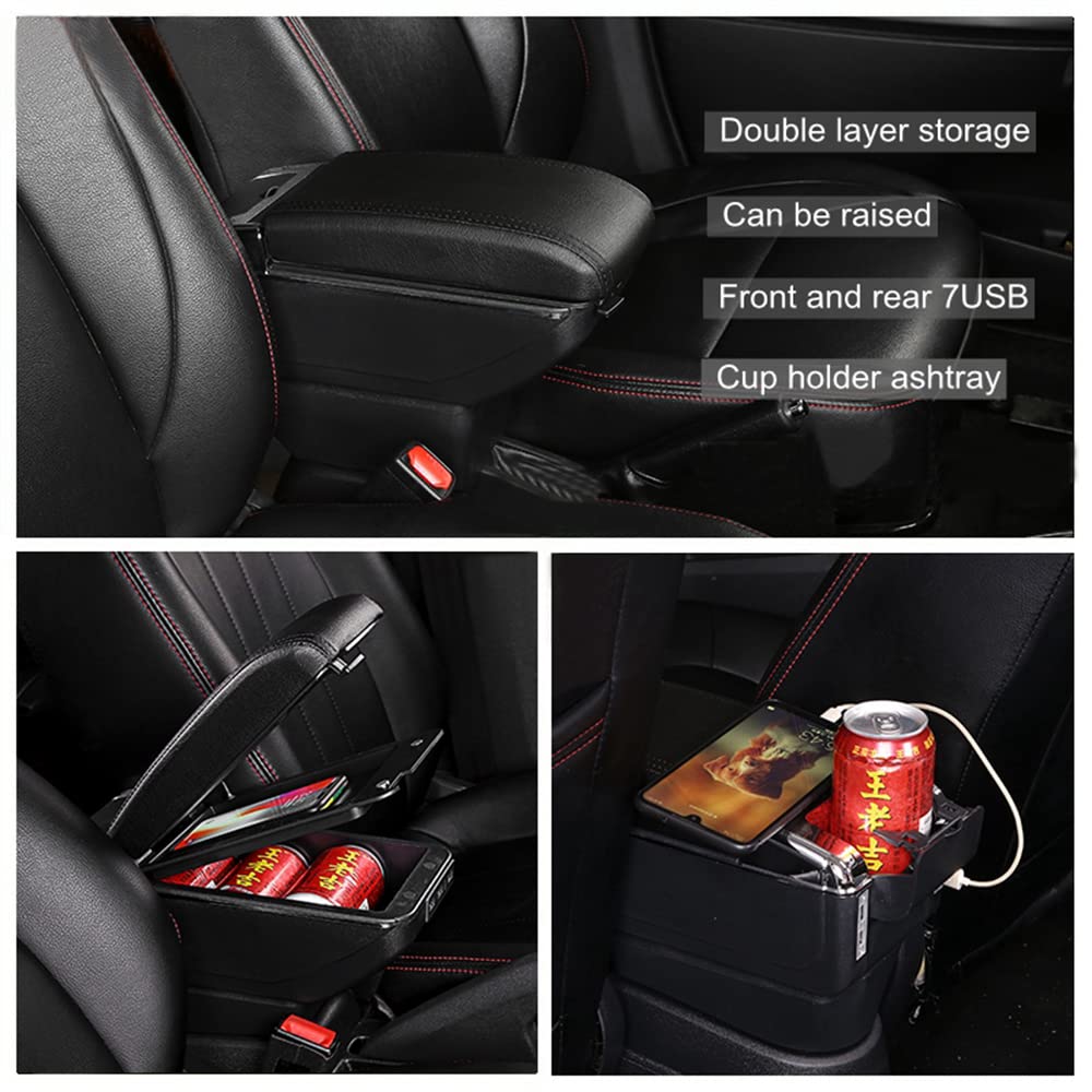 Premium Car Center Console Armrest for Nissan Versa SV Sedan 2012-2019 & Nissan Almera - Black Stitched Storage Box with 2 Round Cup Holders & USB Port - Perfect for Road Trips, Commuting & Daily Driving