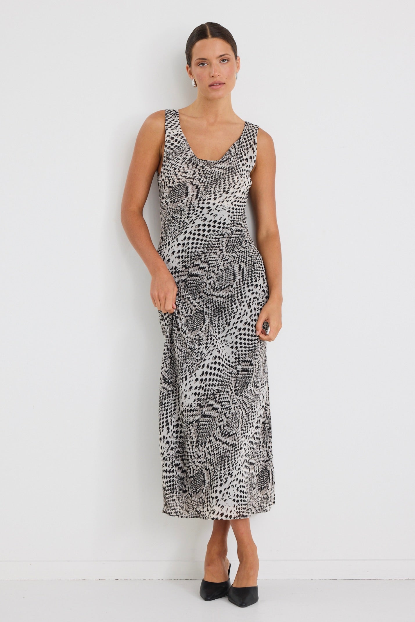 Allure Charcoal Snake Print Cowl Neck Bias Cut Slip Dress - Elegant Evening Wear for Parties, Dates & Special Occasions