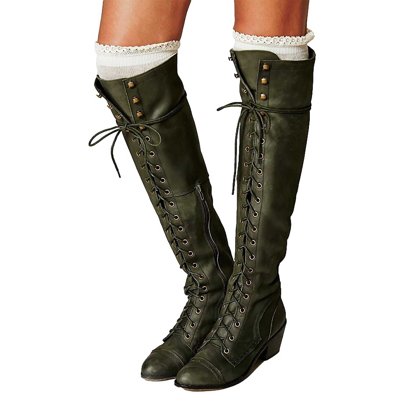 Black Knee High Cowgirl Boots with Lace Up - Plus Size Winter Heeled Boots for Women | Western Fashion, Riding, and Cold Weather Outfits